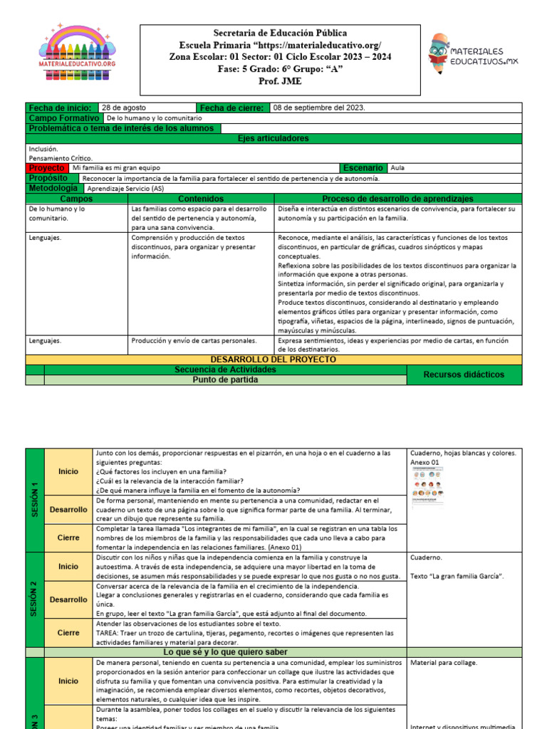 Proyecto "Mi Familia es Mi Gran Equipo" | PDF | Salón de clases ...