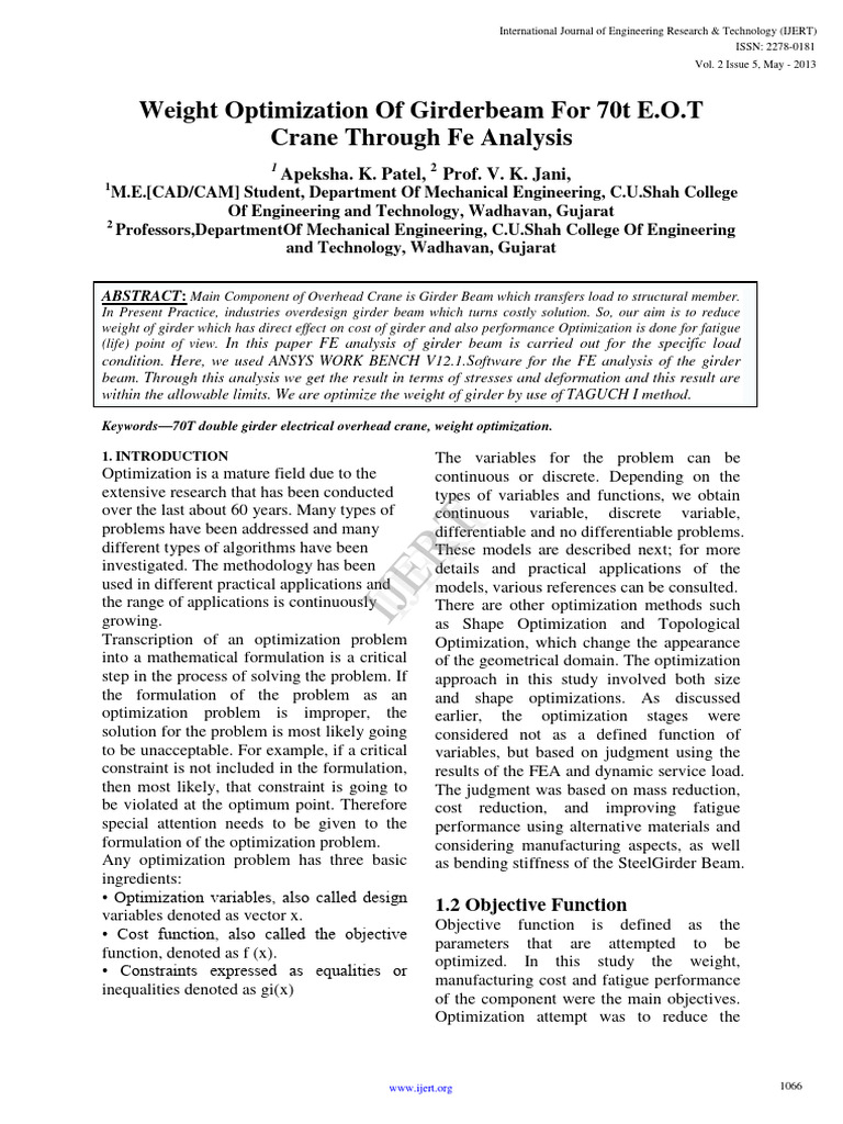 Weight optimization of girderbeam for 70t e o t crane through fe