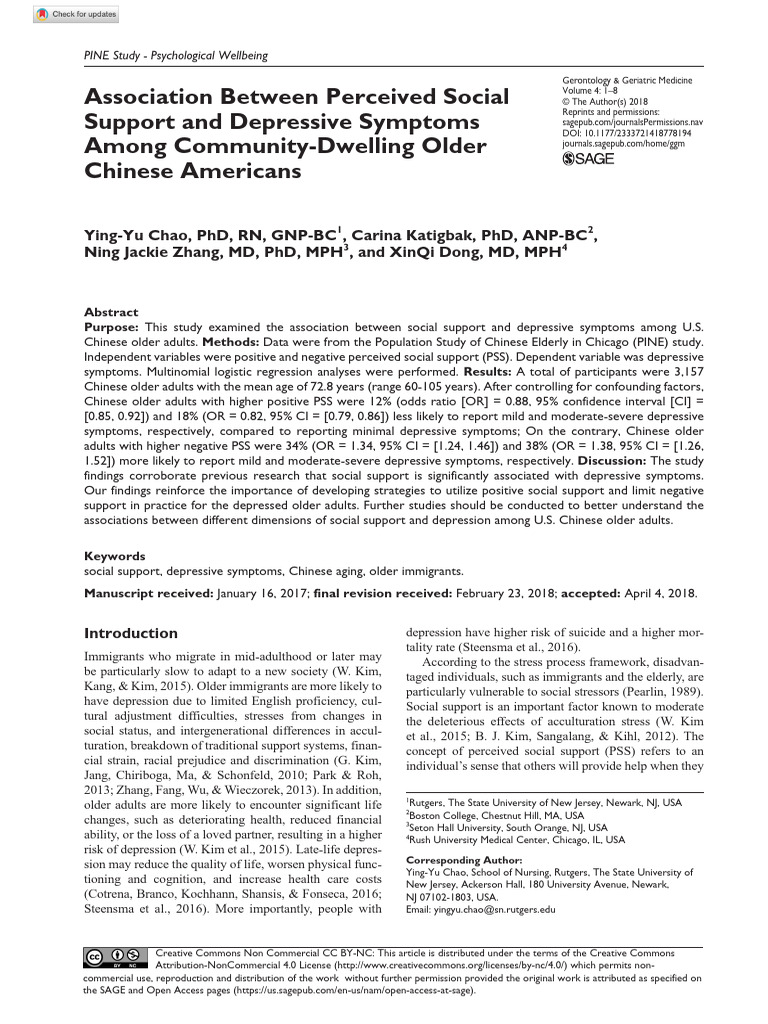 Social Support and Depression in Older Chinese | PDF | Social Support