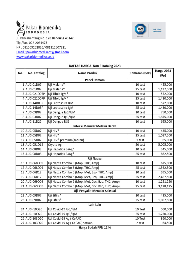 Daftar Harga PT. Pakar Biomedika Indonesia 2023 Non E-Katalog (Retail