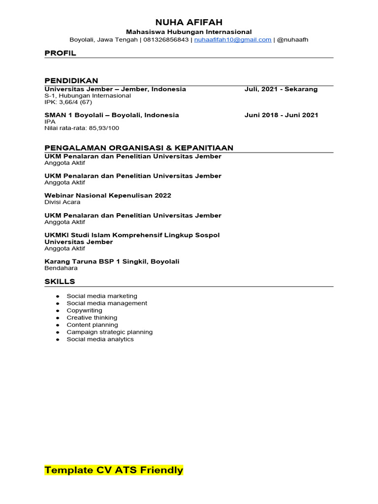 Tamplate cv ats 1 pdf
