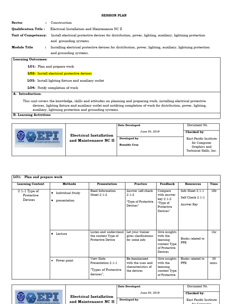 Electrical Installation Session Plan | PDF | Cognition | Learning