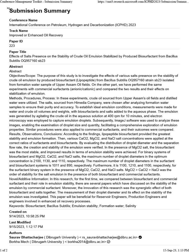 Conference Management Toolkit - Submission Summary | PDF | Emulsion ...