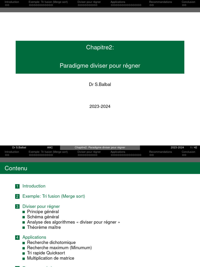 Paradigme Diviser pour Régner en Algorithmes | PDF | Informatique ...