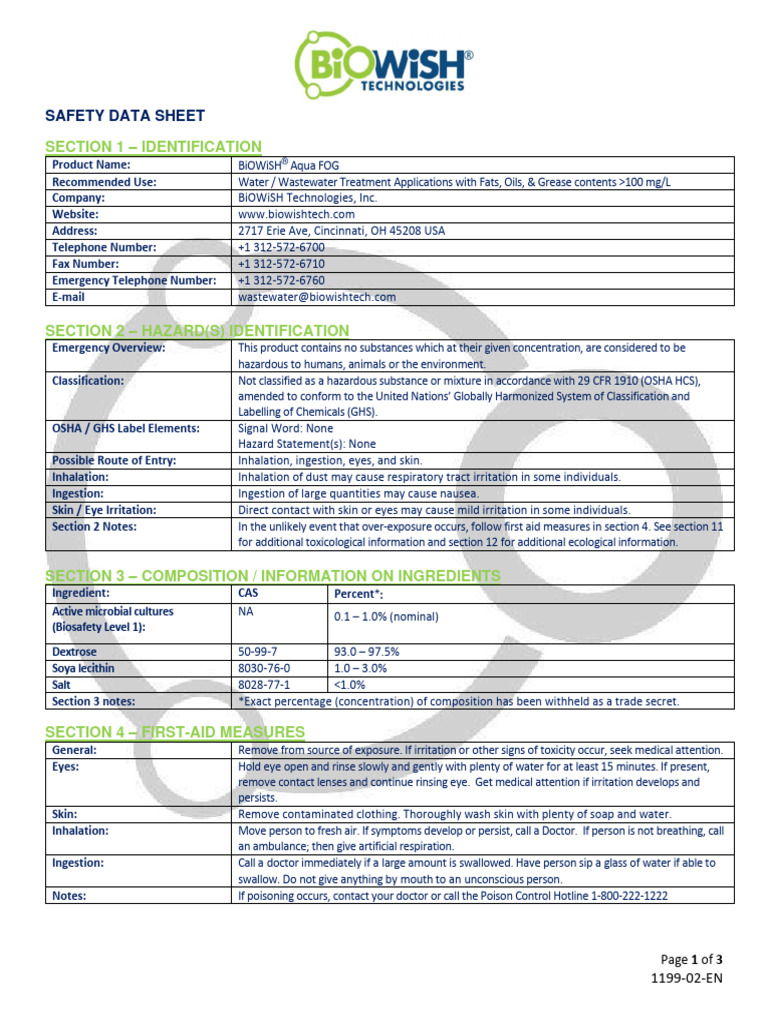 MSDS Biowish AQUA FOG (STP) PDF Physical Sciences Pollution