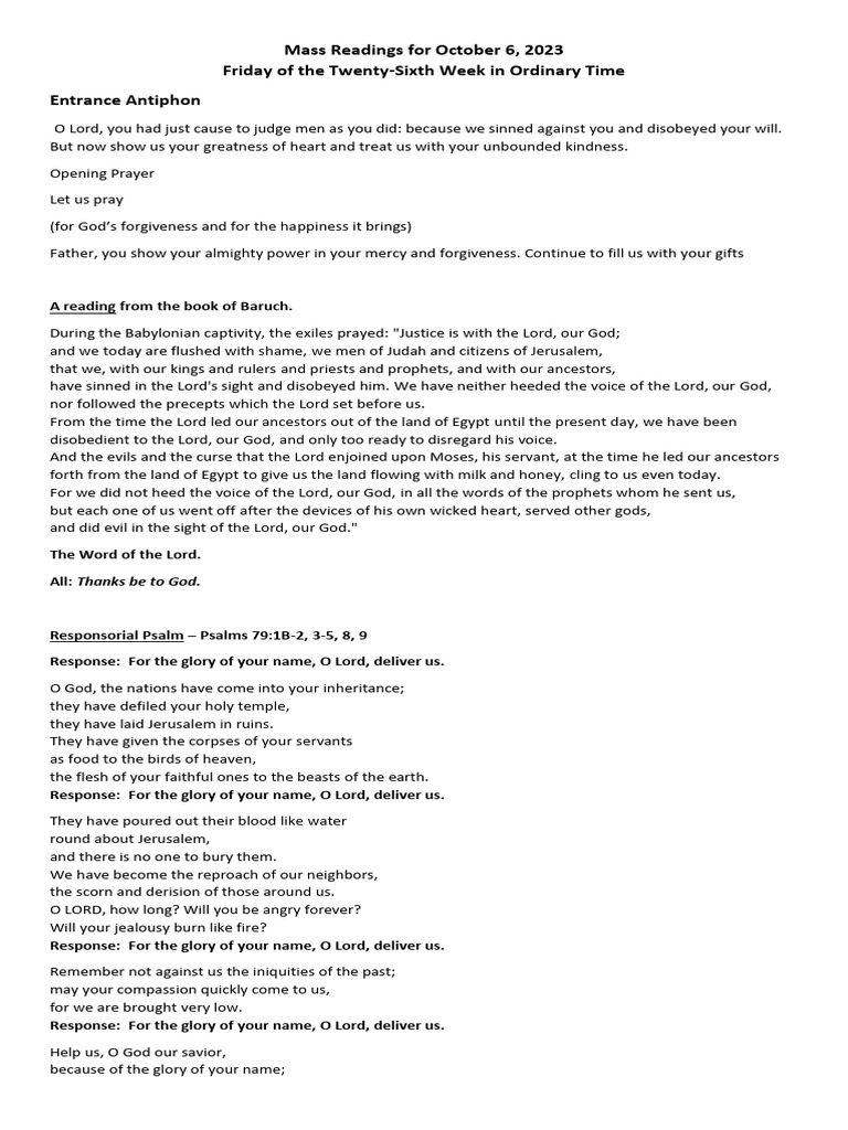 Mass Readings for October 6, 2023 PDF Prayer Glory (Religion)
