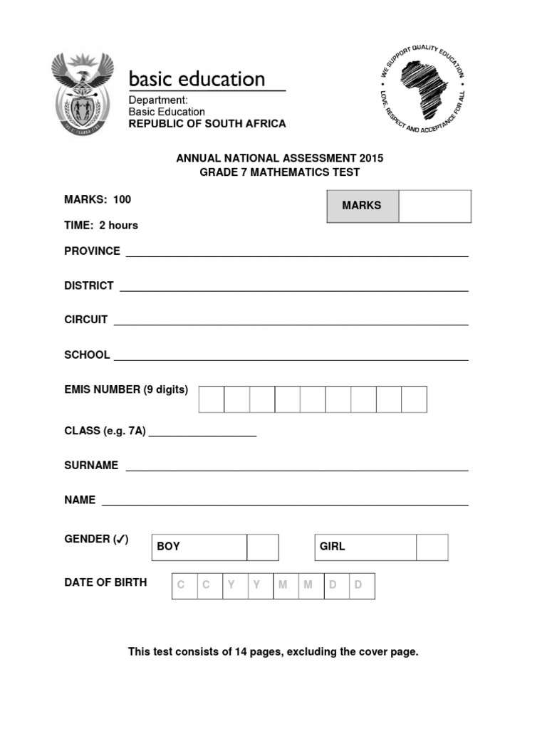 Grade 7 Mathematics Test 2015 | PDF | Rectangle | Area