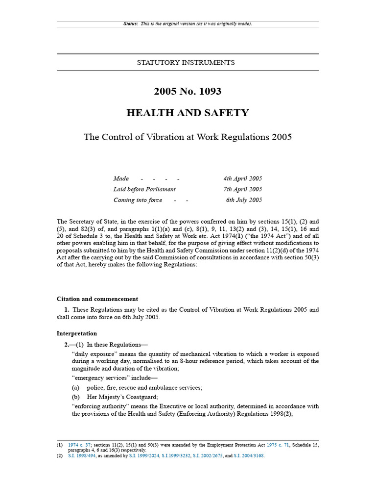 The Control of Vibration at Work Regulations 2005 PDF Employment Risk
