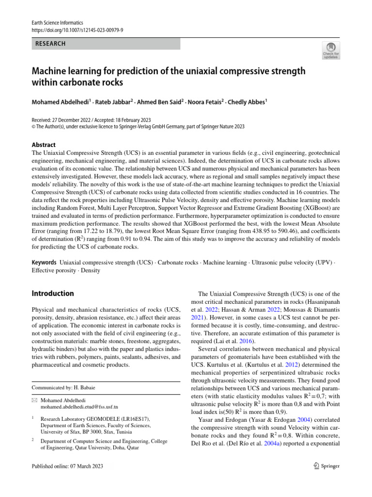 Machine Learning For Prediction of The Uniaxial Compressive Strength ...