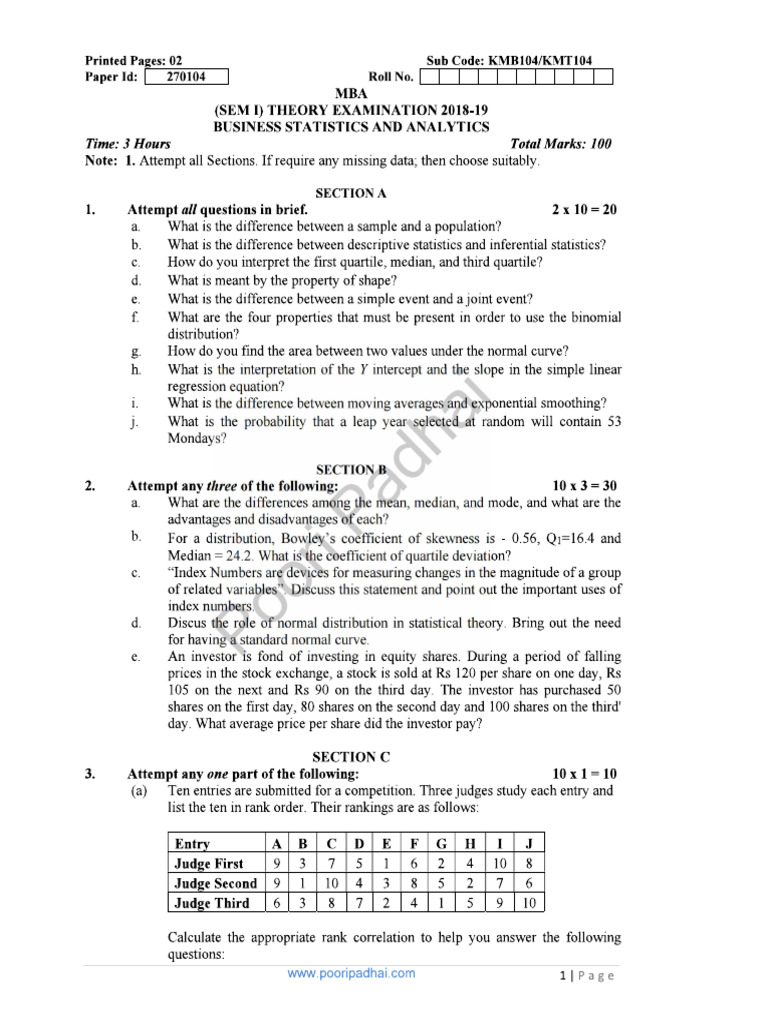 Business Statistics and Analytics KMB 104 | PDF