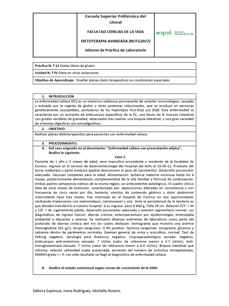 Práctica N.12 Dietas libre de gluten PDF Enfermedad celíaca Gluten