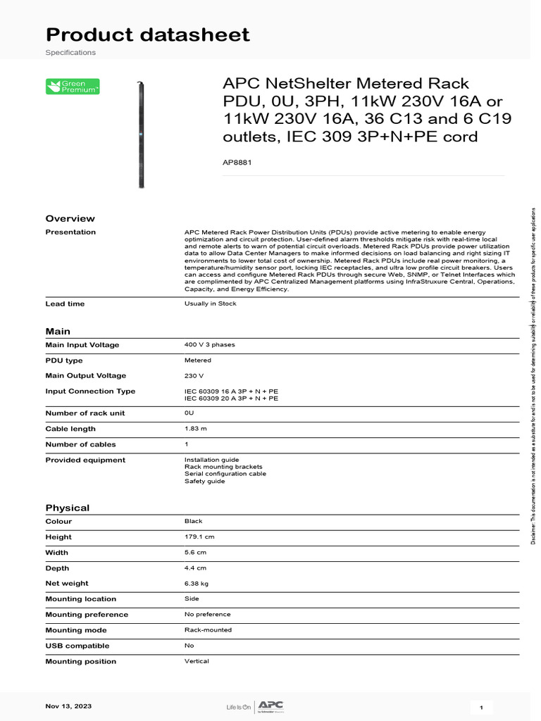 APC AP8881 Metered Rack PDU Datasheet | PDF | Electrical Engineering ...