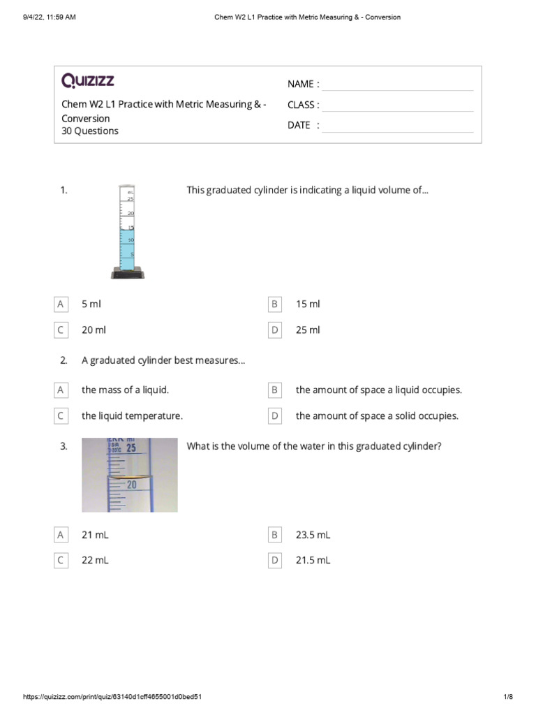 W2 L1 Practice With Metric Measuring & Conversion QUIZIZZ ANSWERS PDF Litre Volume