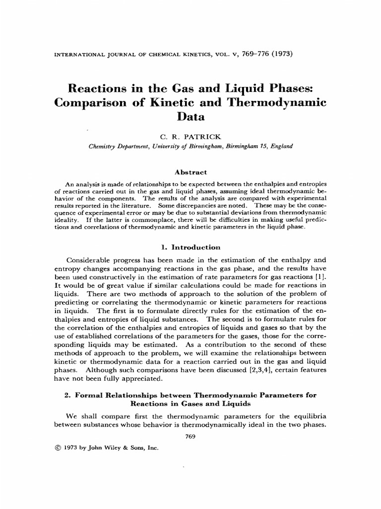 Reactions in The Gas and Liquid Phases Comparison of and
