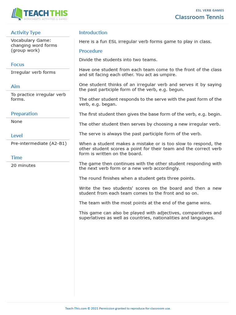 Classroom-Tennis Irregular | PDF | Verb | Grammar