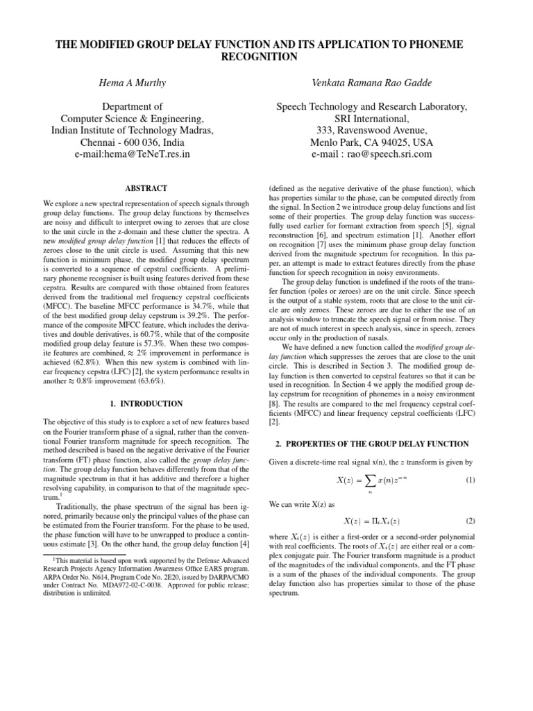 The modified group delay function and its application to phoneme pdf