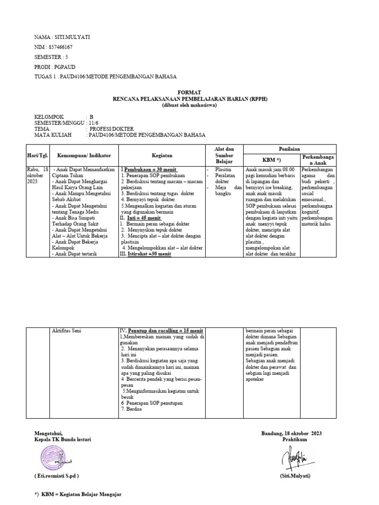 RPPH Metode Pengembangan Bahasa PAUD | PDF | Sains & Matematika
