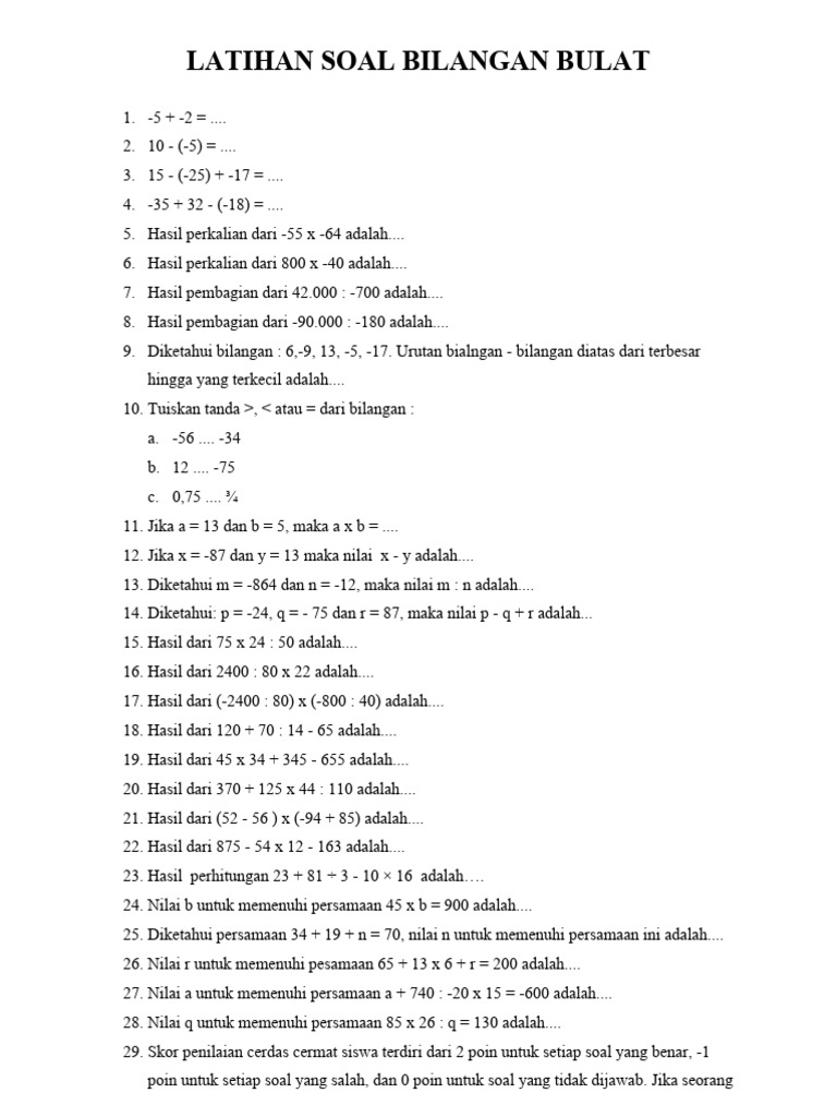 Latihan Soal Bilangan Bulat Kelas 7 | PDF