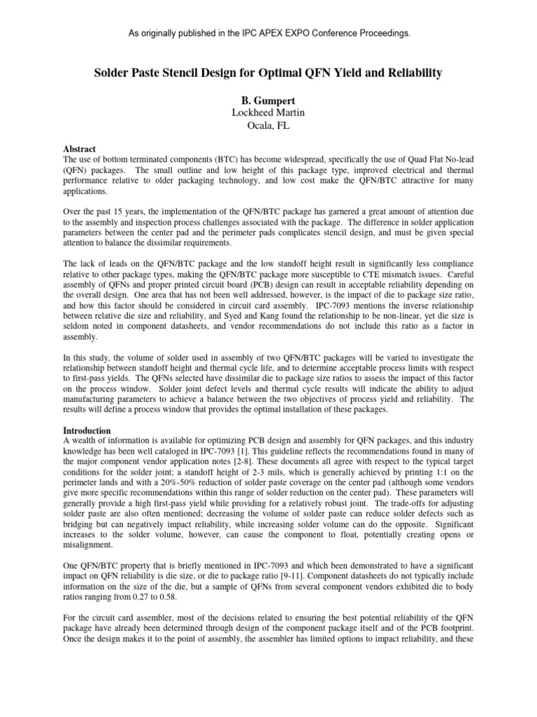 Solder Paste Stencil Design Optimal QFN Yield Reliability Ipc PDF