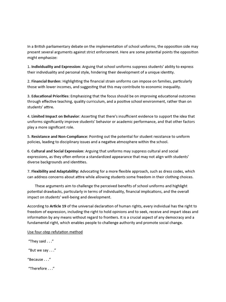 In A British Parliamentary Debate On The Implementation of School Uniforms PDF