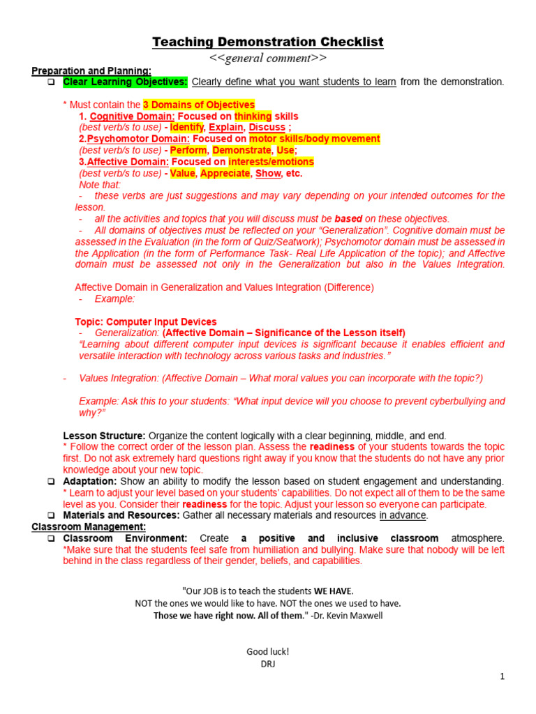 Teaching Demonstration Checklist Guide | PDF | Affect (Psychology ...