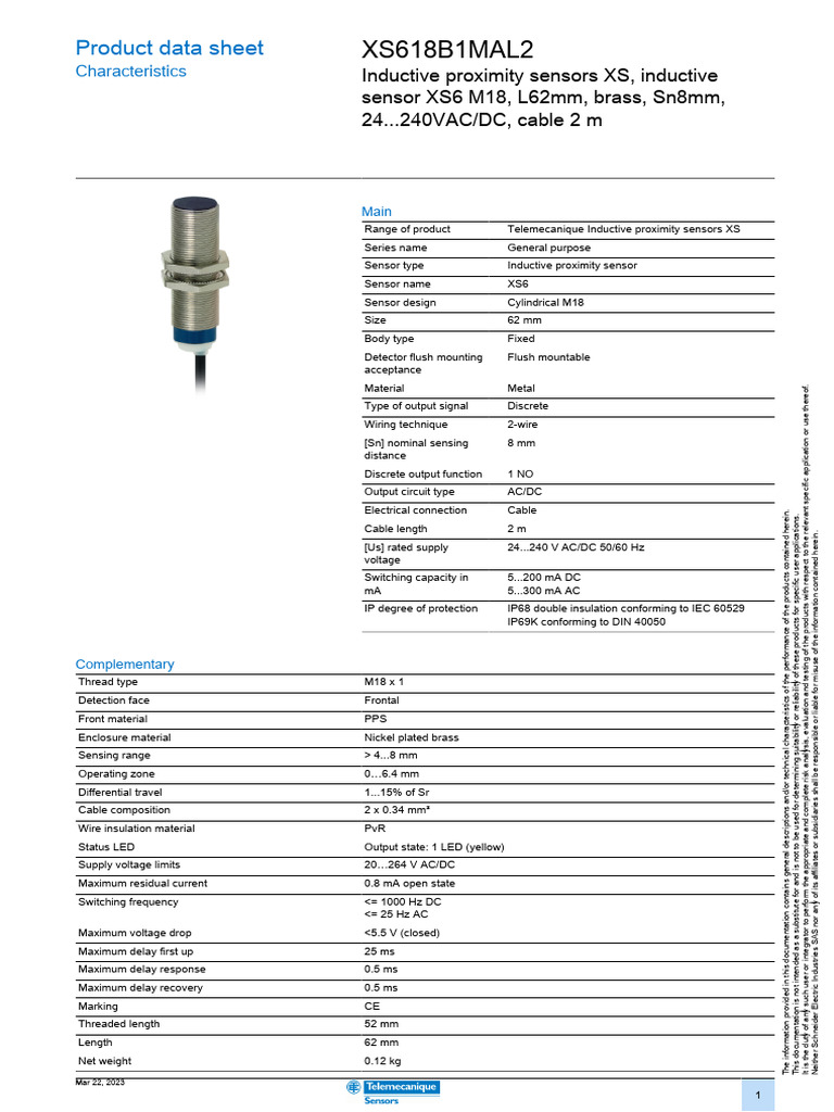 Xs618b1mal2 Pdf Sensore Di Prossimità Induttivo Telemecanique XS6, 24-240V, 200mA, 8mm, Compatibile Con XS618B1MAU20 Sensore Induttivo Xs6 8mm