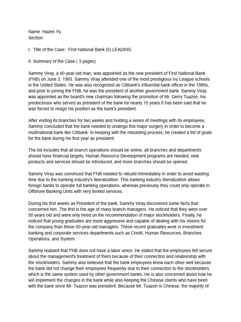 Case Study - First National Bank | PDF | Employment | Business Economics