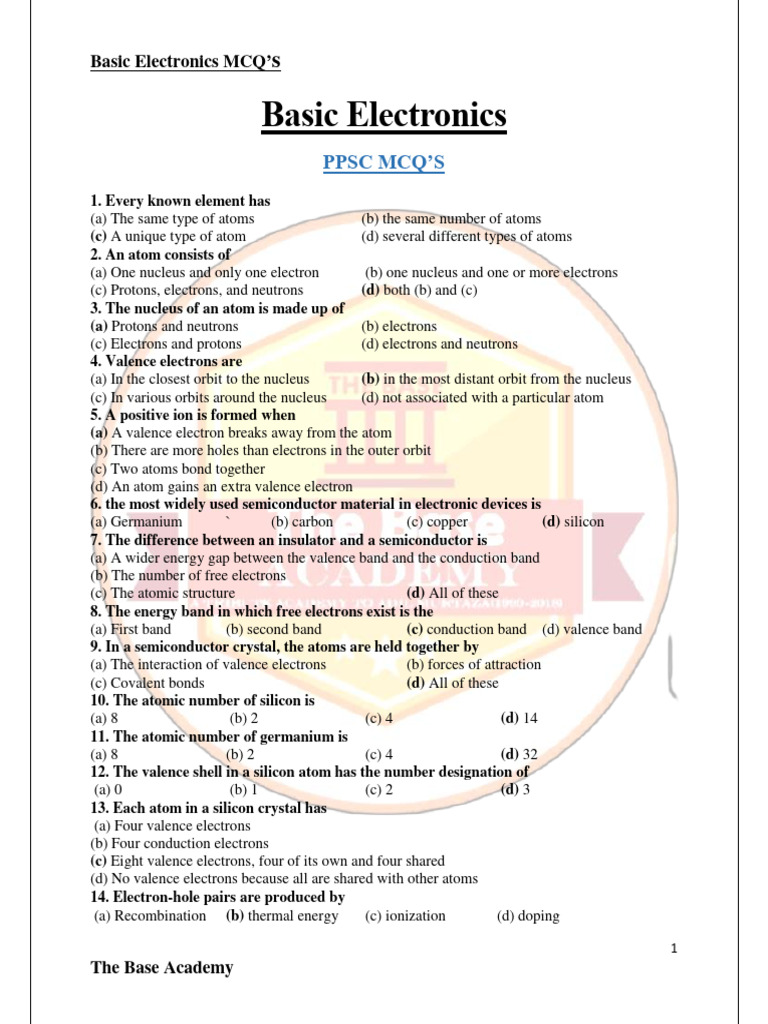 Basic Electronics MCQs for PPSC Exam | PDF | Semiconductors | Bipolar ...