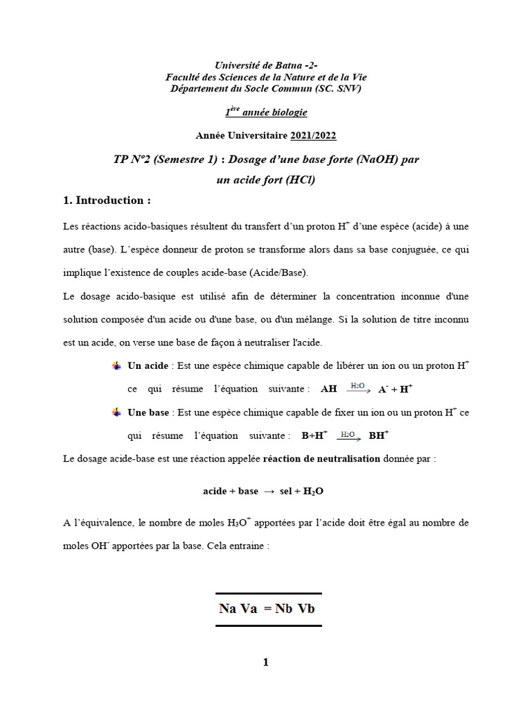Dosage acido-basique NaOH par HCl | PDF | Chimie | Titrage