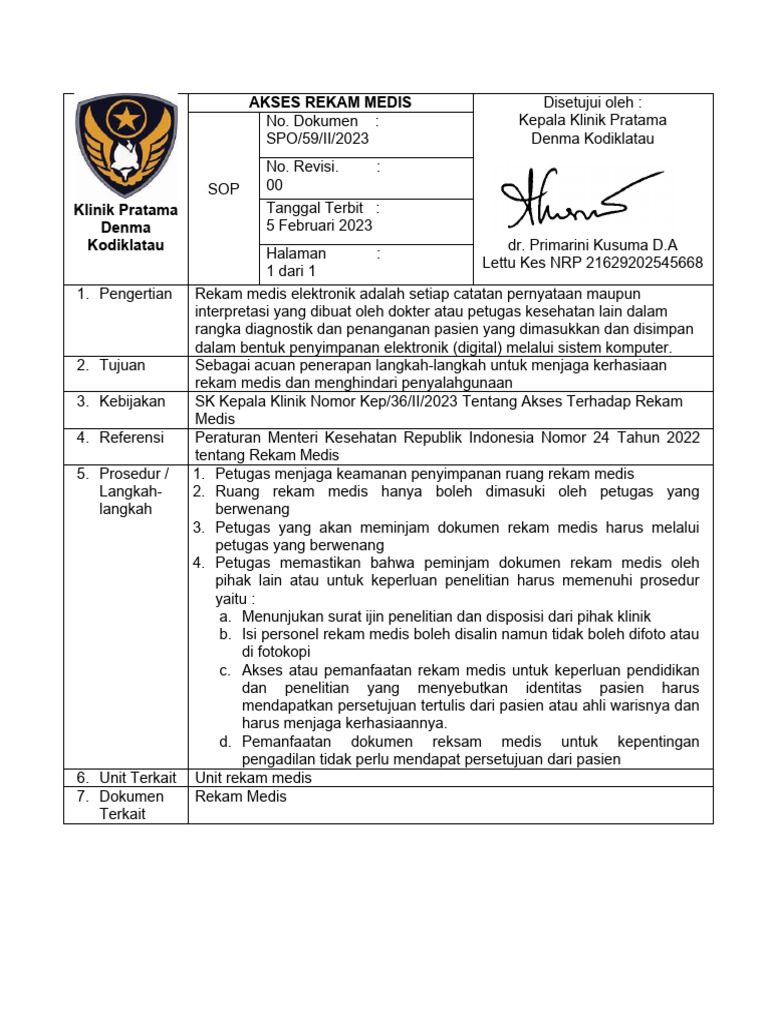 SOP Akses Rekam Medis Elektronik Klinik | PDF | Hukum