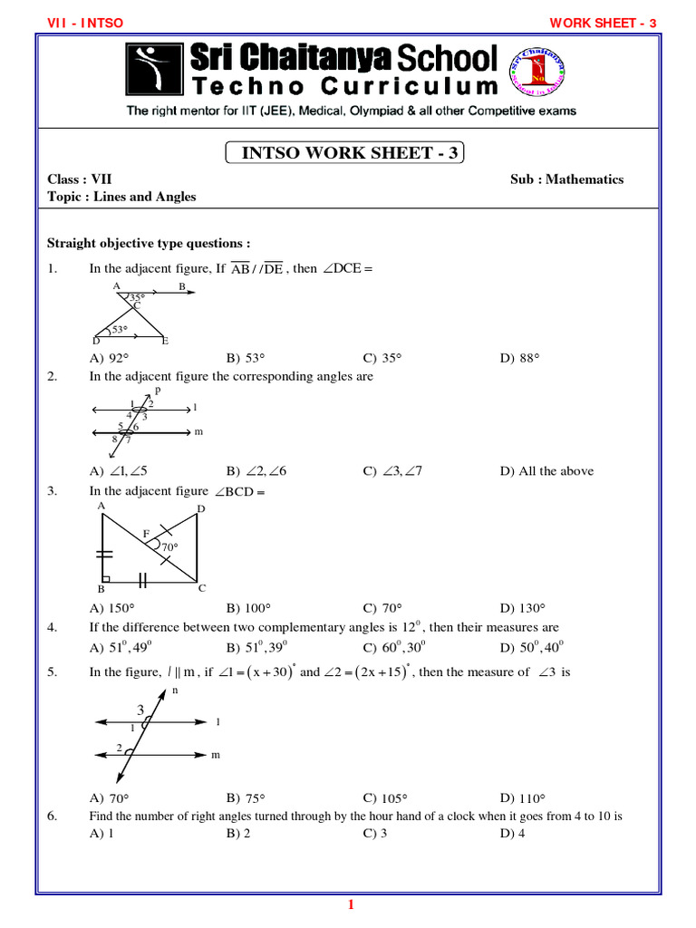 7 Class INTSO Work Sheet 3 Lines and Angles PDF Angle