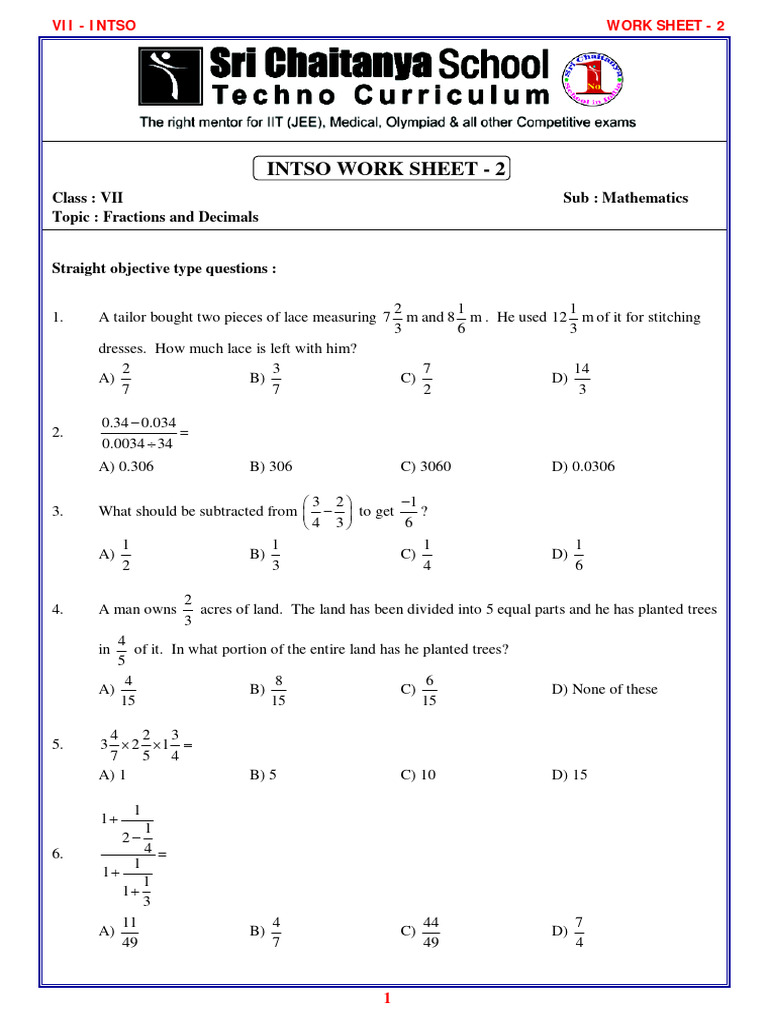 7 - Class INTSO Work Sheet - 2 - Fractions and Decimals | PDF | Mathematics