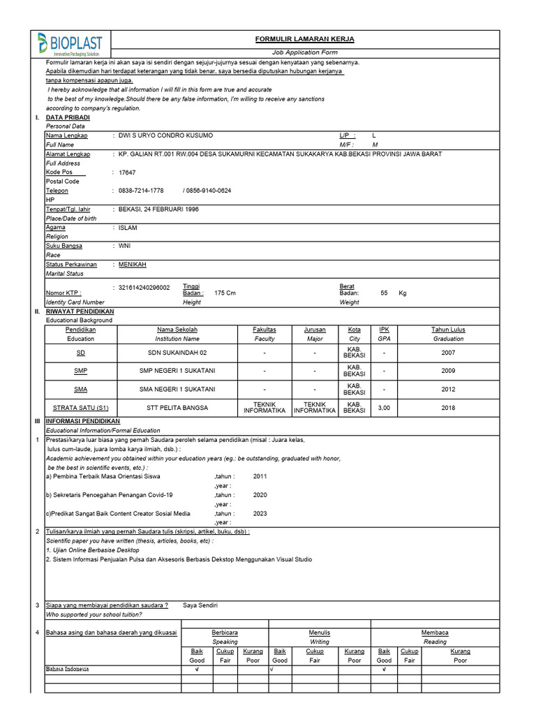 Formulir Lamaran Kerja Dwi Suryo | PDF