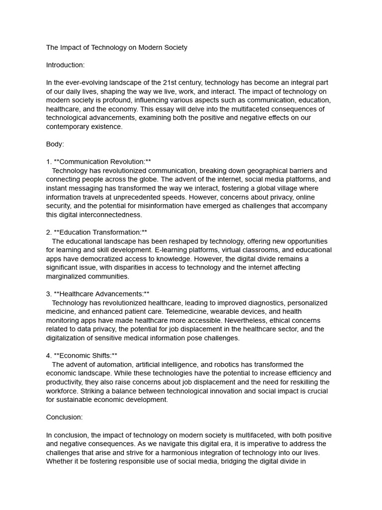 Technology's Impact on Modern Society | PDF | Health Care | Social Media