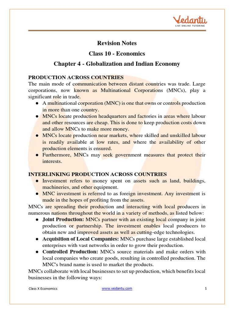 Globalization And The Indian Economy Class 10