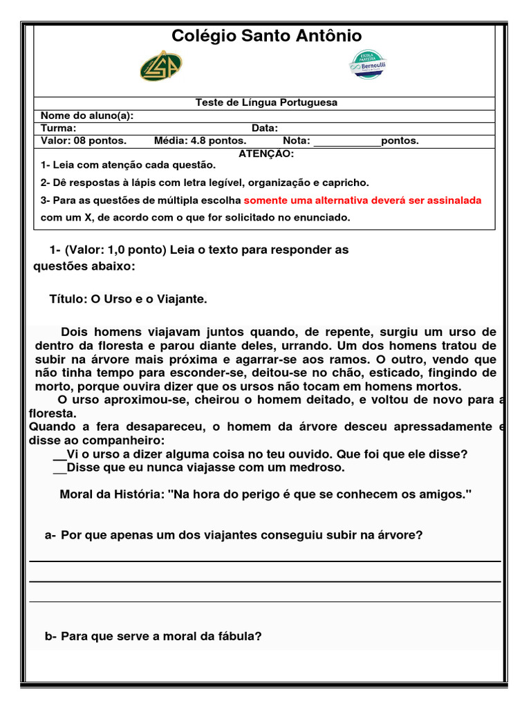 Teste de Língua Portuguesa: Fábula e Moral | PDF | Artes Linguísticas e ...