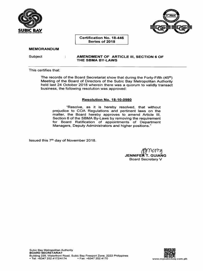 18 446 Amendment Of Article Iii Section 6 Of The Sbma By Laws Pdf