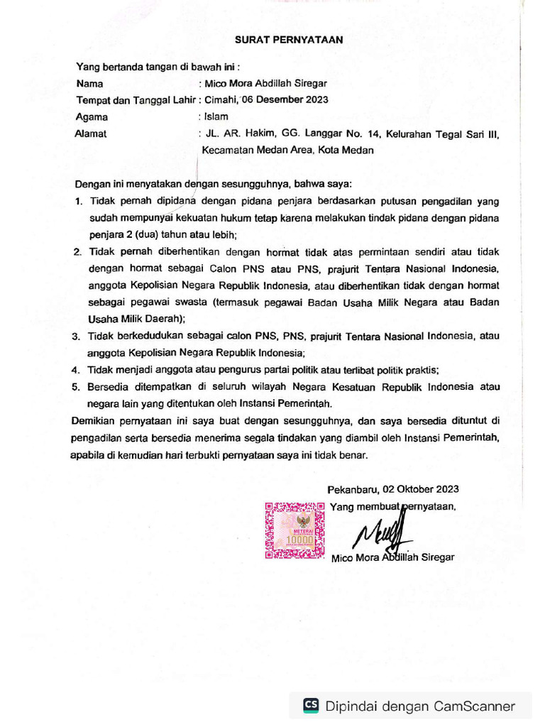 Surat Pernyataan BKN e Materai | PDF