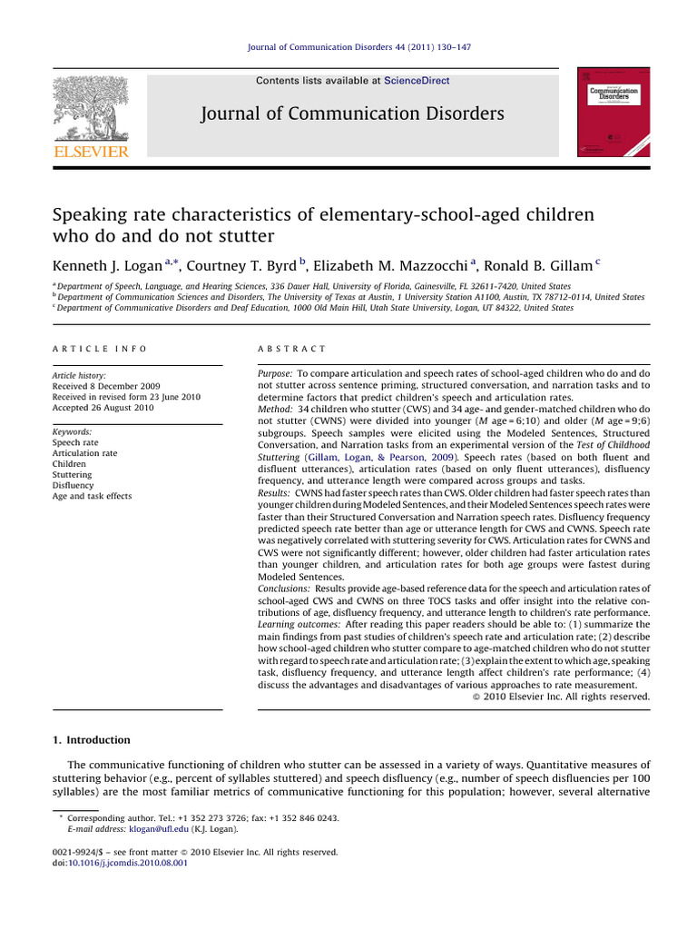 Speaking Rate Characteristics of Elementary School | PDF | Stuttering ...