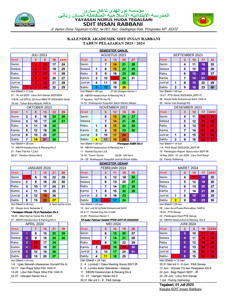 Kalender Akademik SDIT Insan Rabbani 2023/2024 | PDF