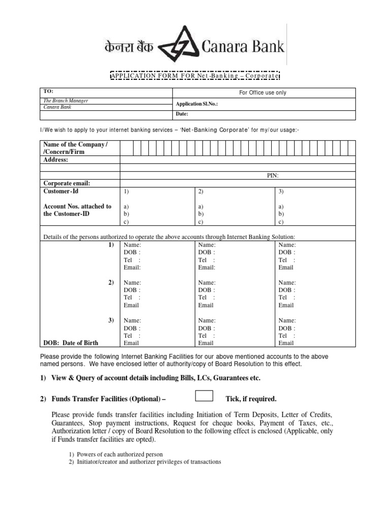 Canara Bank Corporte Net-Banking Form | PDF | Online Banking | Banks ...