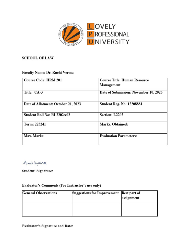 CA3 HRM201 Lovely Professional University PDF Human Resource