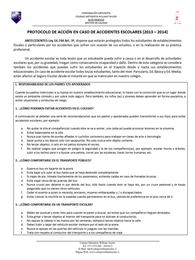 Protocolo de Accidentes Escolares en Colegio | PDF | Primeros auxilios