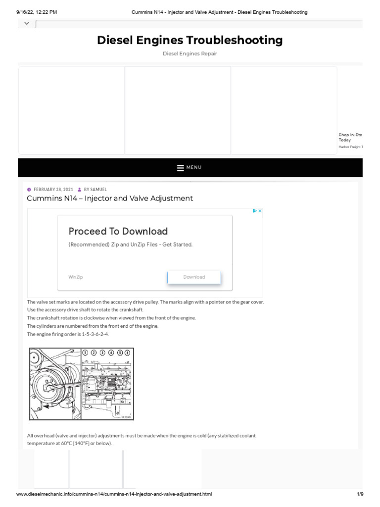 Cummins N14 Injector and Valve Adjustment Diesel Engines