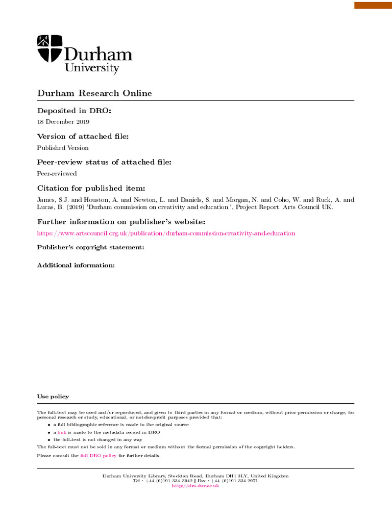 Durham Commission on Creativity Report | PDF | Creativity | Teachers