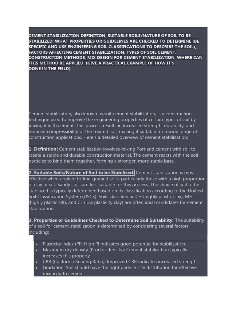 Cement Stabilization Definition PDF Concrete Soil