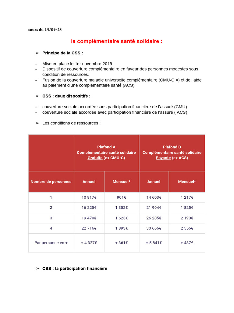 Plafonds CSS et CMU 2024 : Remboursements | PDF | Programmes sociaux ...