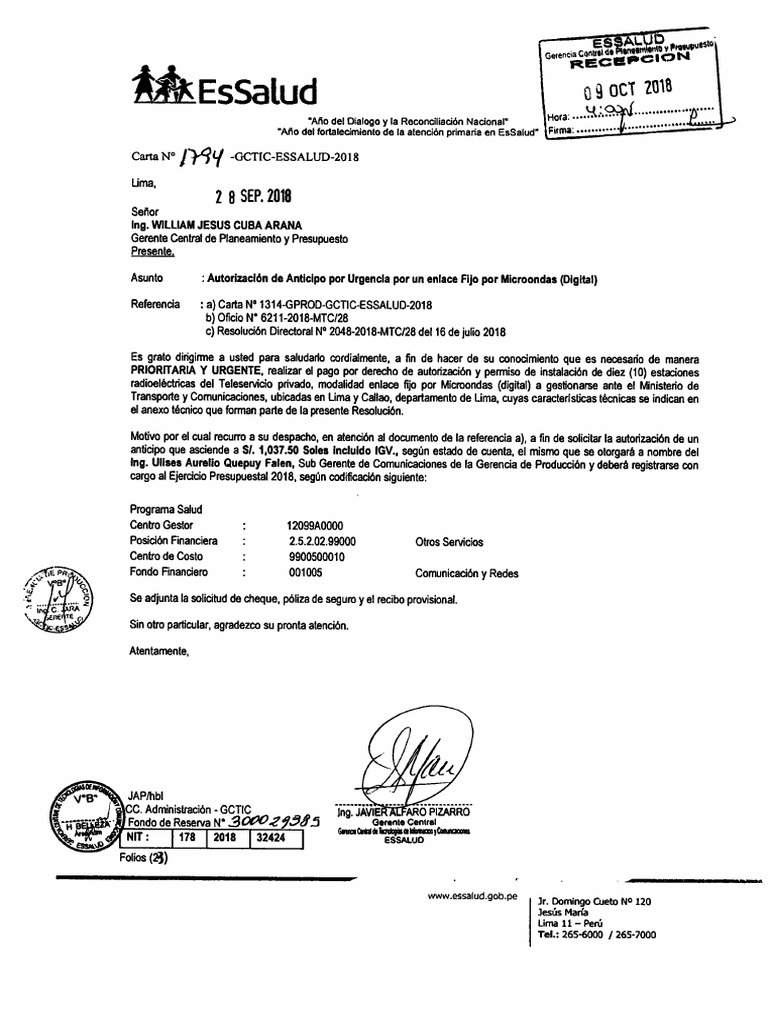 Carta .N1794-GCTIC-18 Pago Anticipo MTC X Enlace de Micro Ondas ...