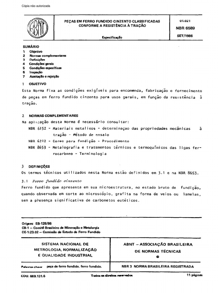 NBR 6589 - Pecas em Ferro Fundido Cinzento Classificadas Conforme ...