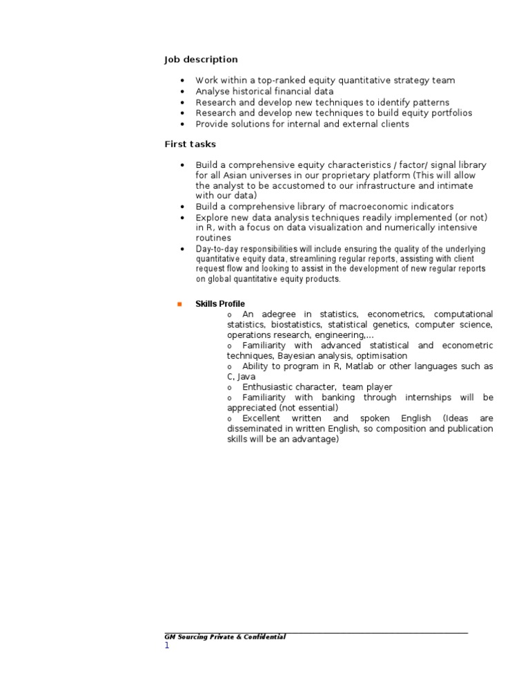 Equity Quantitative Analyst Role | PDF